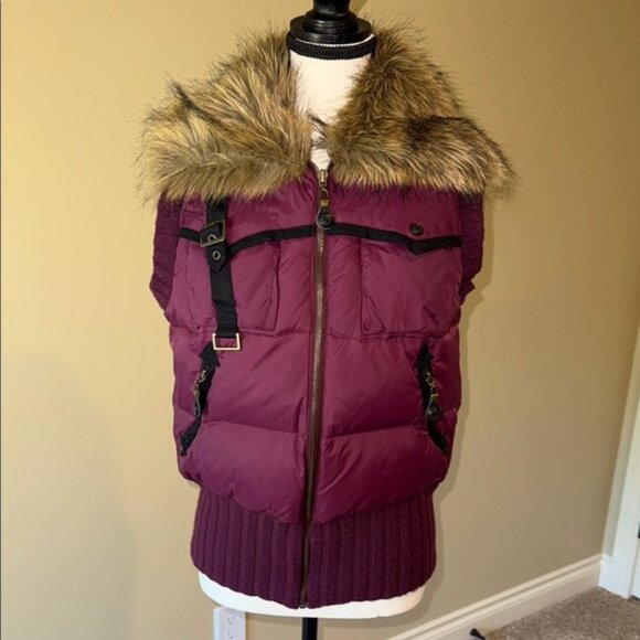 Peeples & Lula Puffer Vest Burgundy Black Faux Fur Collar Stylish Layering Sz S - Picture 1 of 14